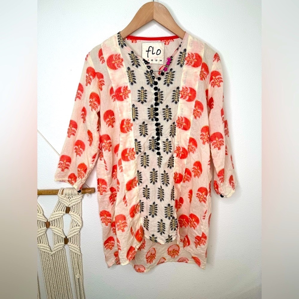 Flo Block Print Tunic Blouse boho Red Cream Print Blouse Top cotton linen India
